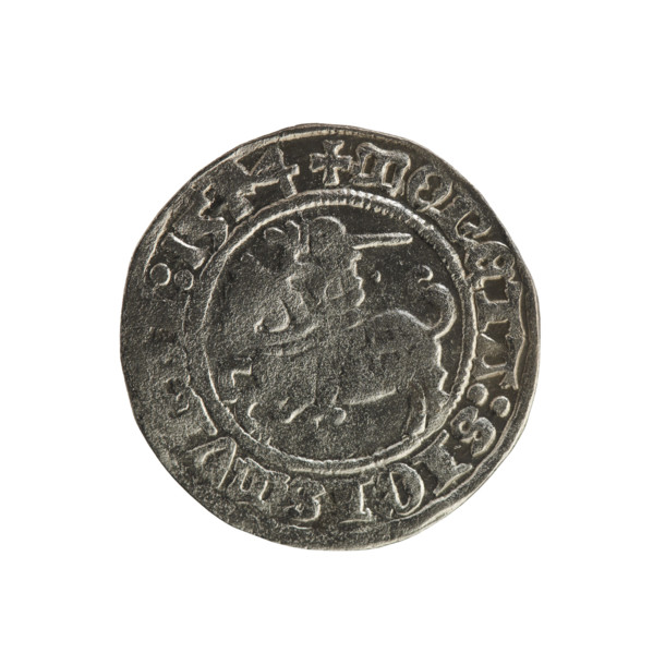 Lithuanian half-grosz, Sigismund I the Old (King of Poland; 1506–1548). Obverse: Pogon (mounted