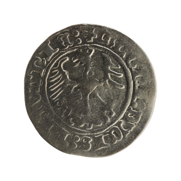 Lithuanian half-grosz, Sigismund I the Old (King of Poland; r. 1506–1548). Obverse: Pogon (mounted
