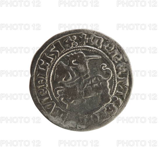 Lithuanian half-grosz, Sigismund I the Old (King of Poland; 1506–1548). Obverse: Pogon (Lithuanian