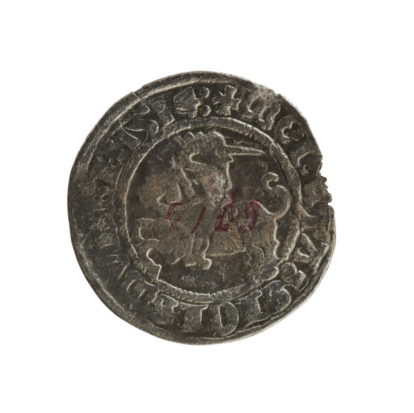 Lithuanian half-grosz, Sigismund I the Old (king of Poland; 1506–1548). Obverse: Pogon (Lithuanian