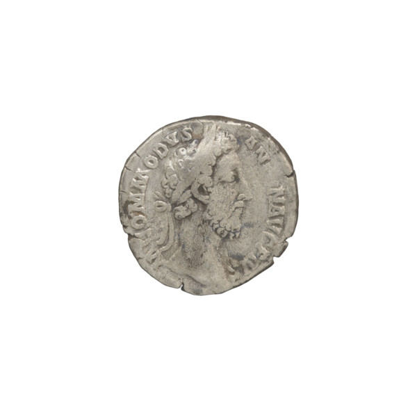 Denarius of Commodus (reigned 177–192). Obverse: Head of Commodus in laurel wreath facing right,