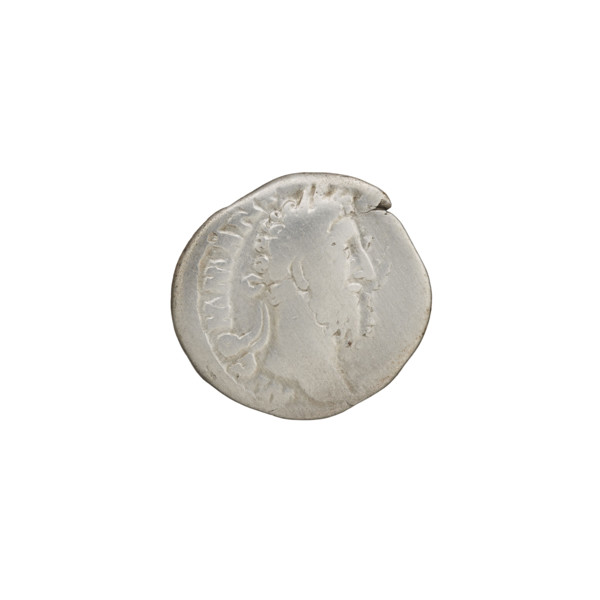 Denarius of Commodus (161–192 CE). Obverse: Head of Commodus in a laurel wreath facing right,