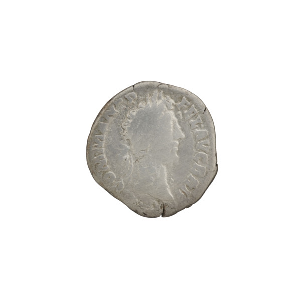 Denarius of Commodus (reigned 177–192). Obverse: Head of Commodus in laurel wreath facing right,