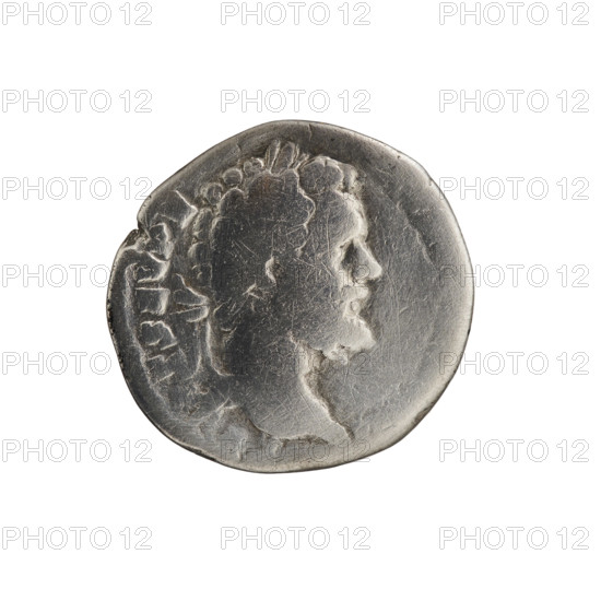 Denarius; obverse: Head of Septimius Severus with laurel wreath facing right, inscription T SEV PE