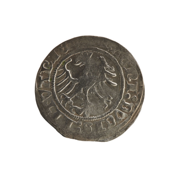 Lithuanian half-grosz, Sigismund I the Old (King of Poland; 1506–1548). Obverse: Pogon (Chaser)