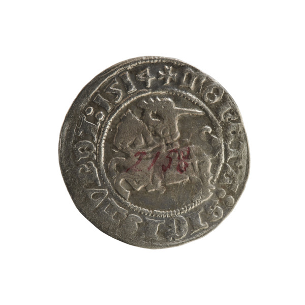 Lithuanian half-grosz, Sigismund I the Old (king of Poland; 1506–1548). Obverse: Pogon (Pursuer)