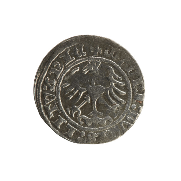 Lithuanian half-grosz, Sigismund I the Old (king of Poland; 1506–1548). Obverse: Pogon (mounted