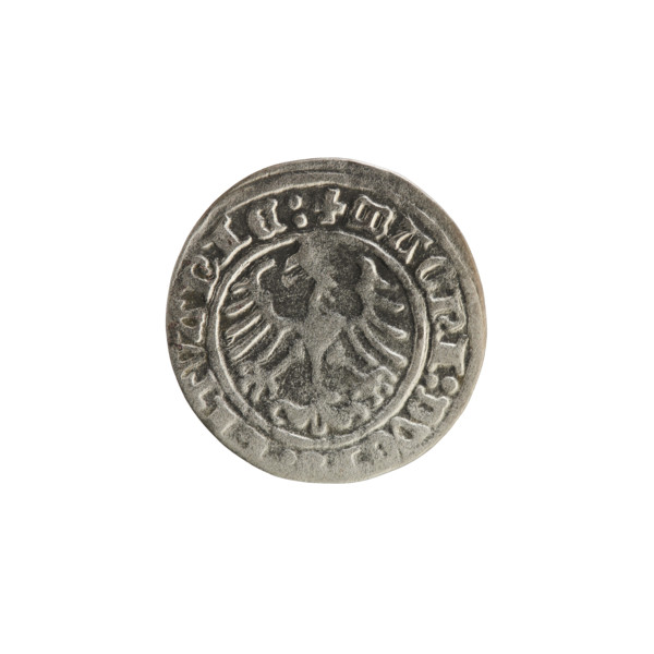 Lithuanian half-grosz, Sigismund I the Old (King of Poland; 1506–1548). Obverse: Pogon (Lithuanian