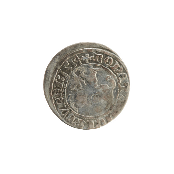 Lithuanian half-grosz, Sigismund I the Old (King of Poland; 1506–1548). Obverse: Pogon (Lithuanian