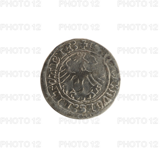 Lithuanian half-grosz, Sigismund I the Old (King of Poland; 1506–1548). Obverse: Pogon (Lithuanian