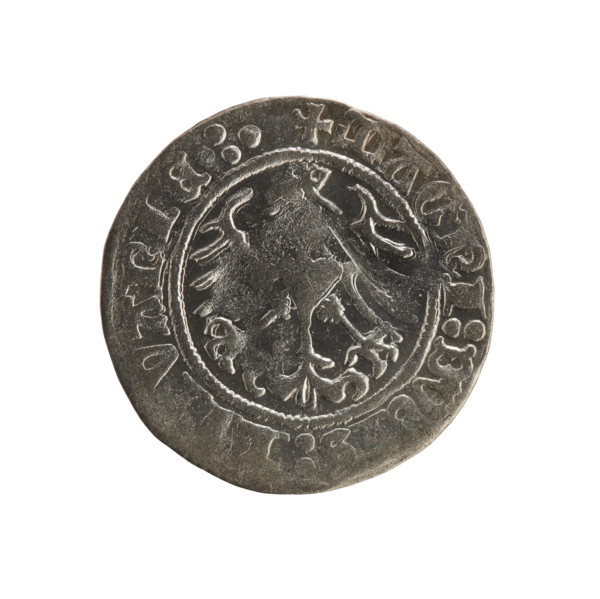 Lithuanian half-grosz, Sigismund I the Old (King of Poland; 1506–1548). Obverse: Pogon (Lithuanian