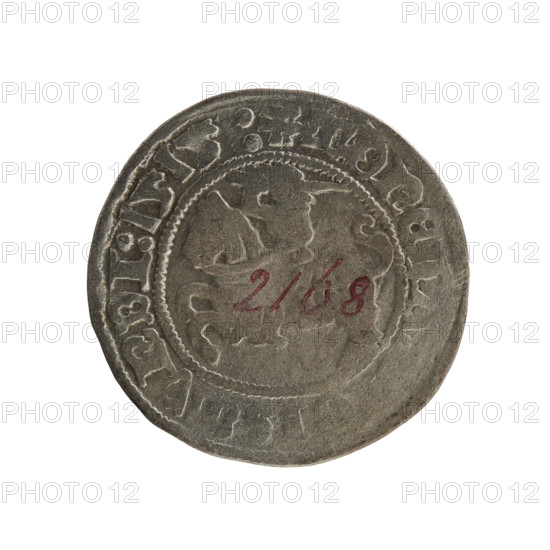 Lithuanian half-grosz, Sigismund I the Old (king of Poland; 1506–1548). Obverse: Pogon turned left;