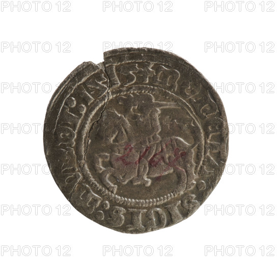 Lithuanian half-grosz, Sigismund I the Old (king of Poland; 1506–1548). Obverse: Pogon (mounted