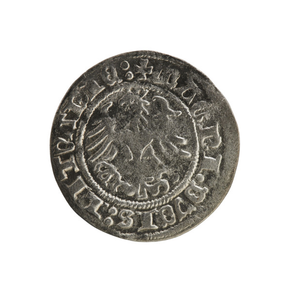 Lithuanian half-grosz, Sigismund I the Old (king of Poland; 1506–1548). Obverse: Pogon (mounted