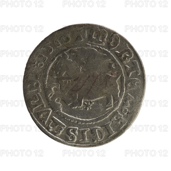 Lithuanian half-grosz, Sigismund I the Old (king of Poland; 1506–1548). Obverse: Pogon turned left;