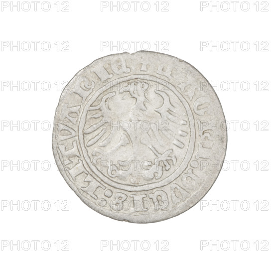 Lithuanian half-grosz, Sigismund I the Old (King of Poland; 1506–1548). Obverse: Pogon (mounted