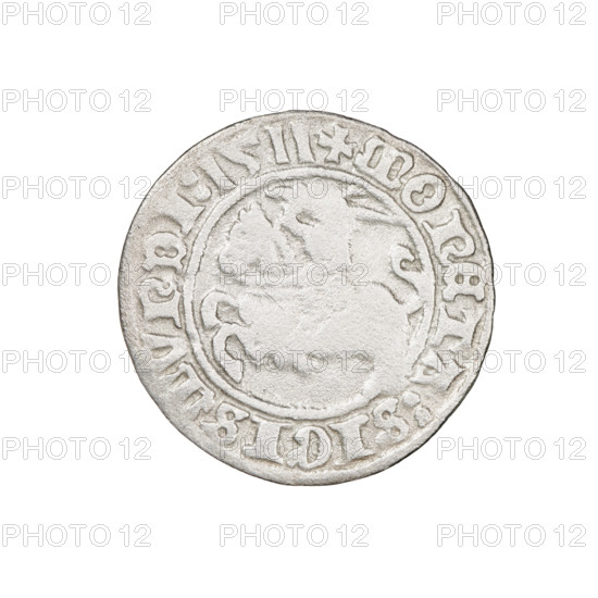 Lithuanian half-grosz, Sigismund I the Old (King of Poland; 1506–1548). Obverse: Pogon (Lithuanian