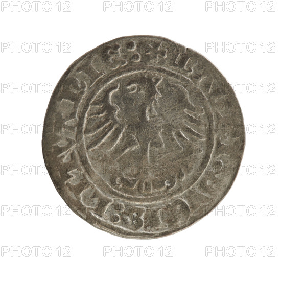Lithuanian half-grosz, Sigismund I the Old (king of Poland; 1506–1548). Obverse: Chaser turned