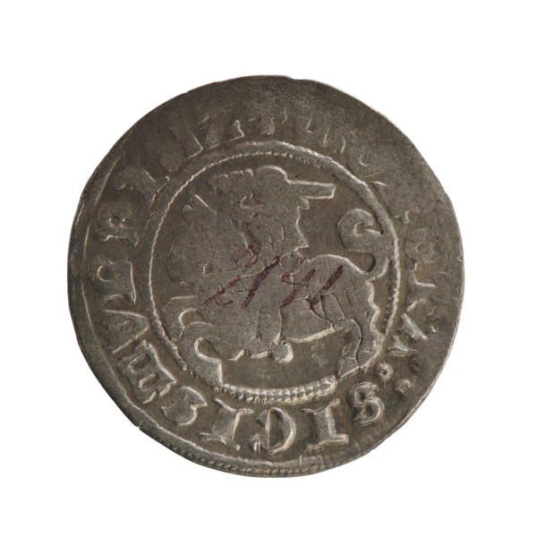 Lithuanian half-grosz, Sigismund I the Old (king of Poland; 1506–1548). Obv.: Pogon turned left; in