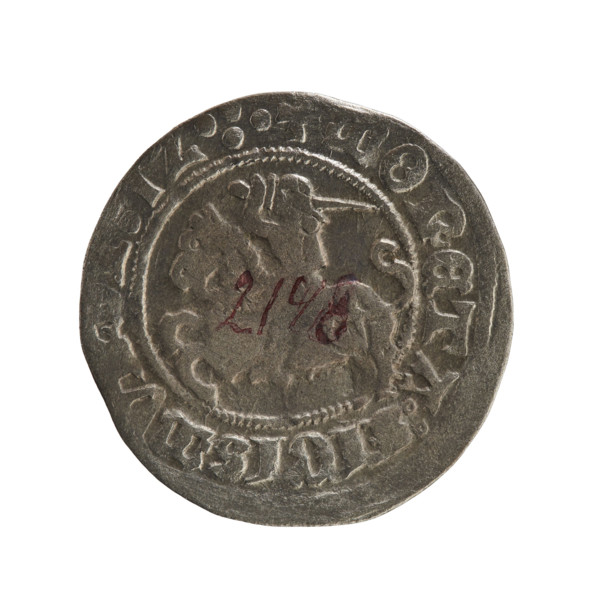 Lithuanian half-grosz, Sigismund I the Old (king of Poland; 1506–1548). Obverse: Pogon turned left;