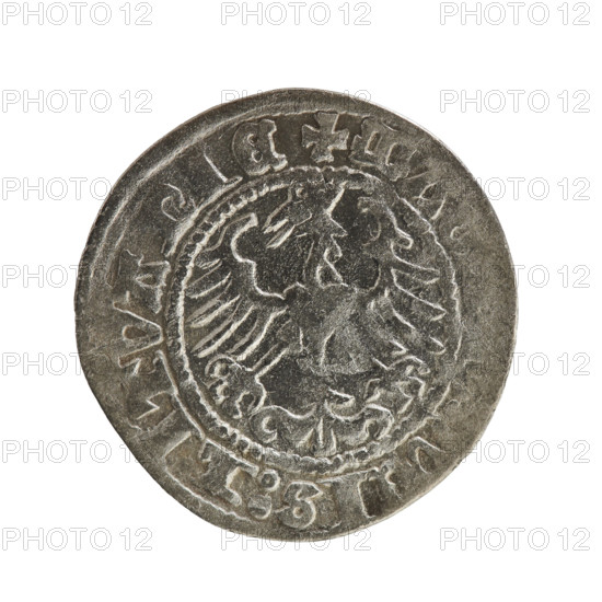 Lithuanian half-grosz, Sigismund I the Old (king of Poland; 1506–1548). Obverse: Chaser turned