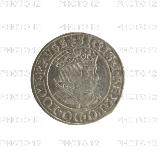 Prussian grosz, Sigismund I the Old (King of Poland; 1506–1548). Obverse: Crowned male bust in
