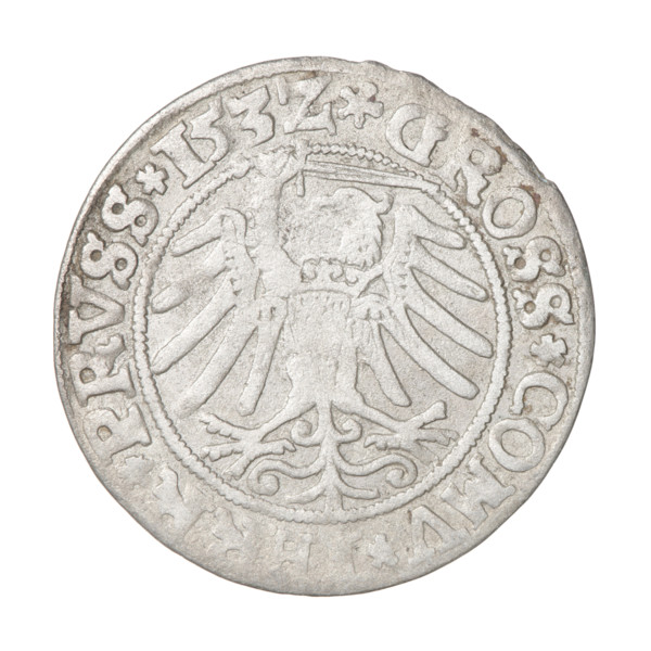 Prussian grosz, Sigismund I the Old (King of Poland; 1506–1548). Obverse: Crowned male bust in
