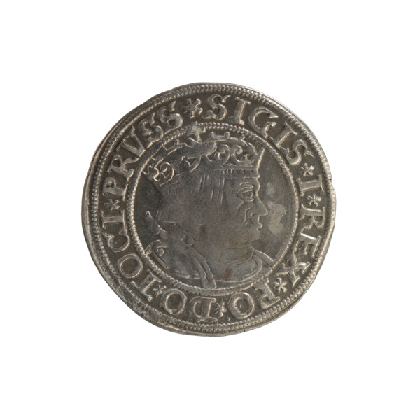 Prussian grosz, Sigismund I the Old (King of Poland; 1506–1548). Obverse: Crowned male bust in