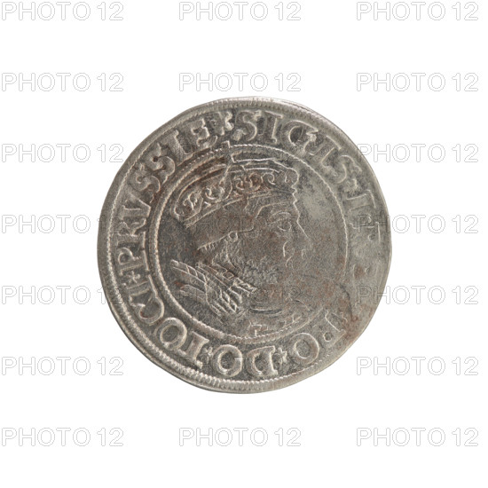 Prussian grosz, Sigismund I the Old (King of Poland; 1506–1548). Obverse: Crowned male bust in