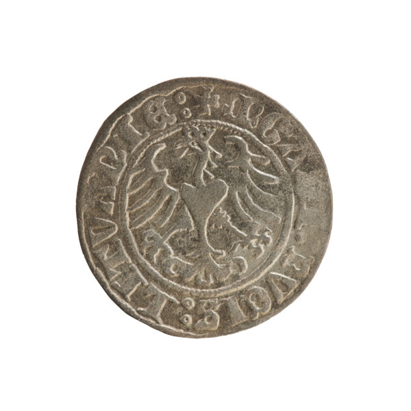 Lithuanian half-grosz, Sigismund I the Old (king of Poland; 1506–1548). Obverse: Chaser (coat of