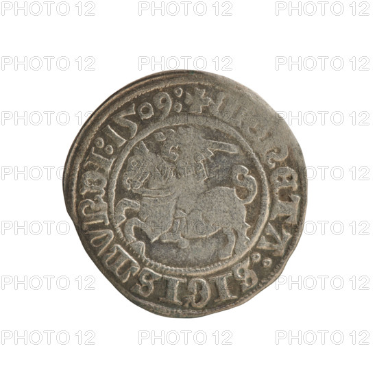 Lithuanian half-grosz (1509) of Sigismund I the Old (king of Poland, 1506–1548). Obverse: Pursuer