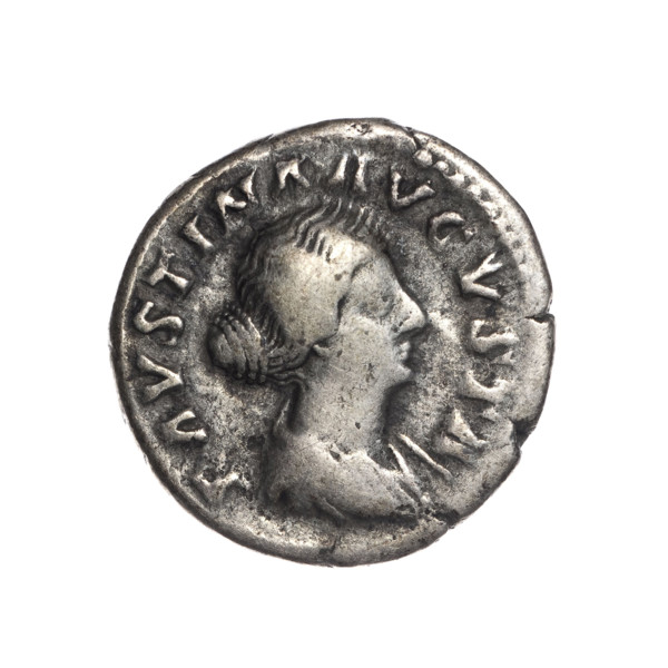 Denarius depicting Faustina the Younger (ca. 130–176; Roman empress 161–176). Obverse: Bust of