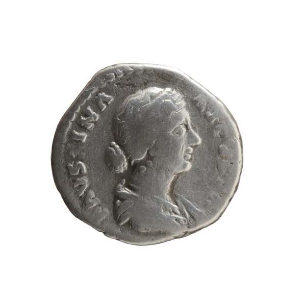 Denarius of Faustina the Younger (ca. 130–176; Roman empress 161–176). Obverse: draped bust of