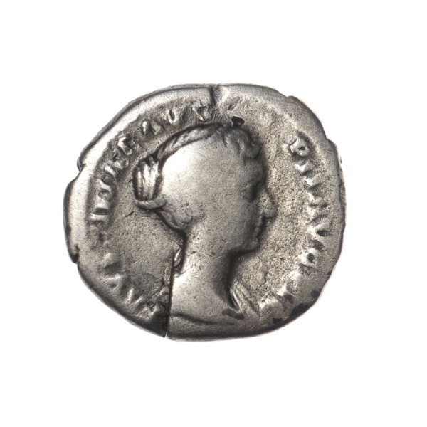 Denarius of Faustina the Younger (ca. 130–176; Roman empress 161–176; Augusta 147–161). Obverse: