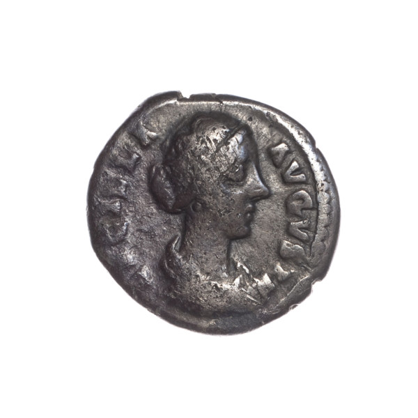 Denarius of Lucilla (149–182), dated 164–169. Obverse: Bust of Lucilla in drapery facing right,
