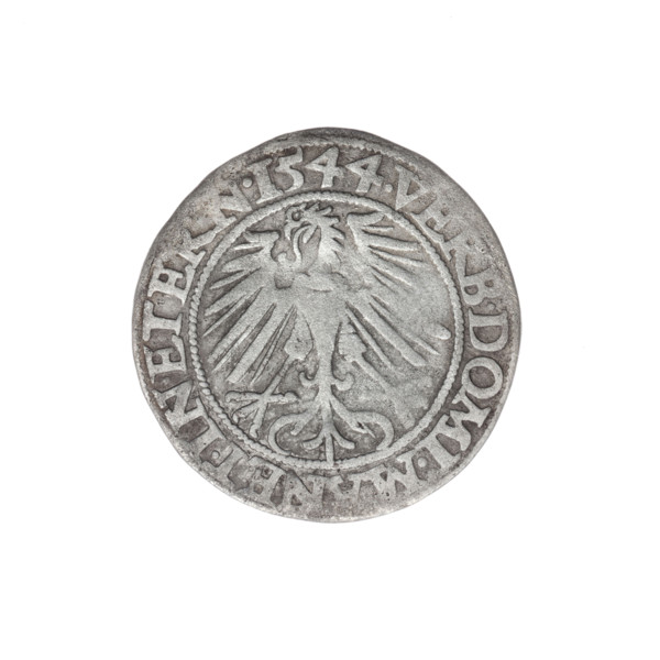Obverse: Male bust in armour turned right with a beard and sideburns; in the rim between the pearly