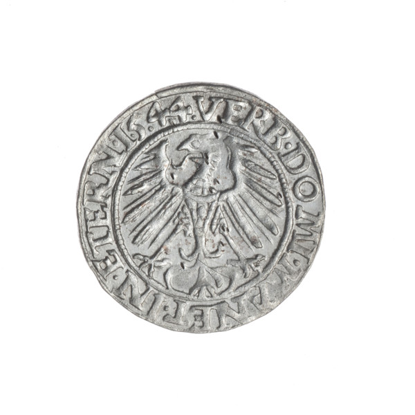 Aw. Male bust in armour turned right with a beard and sideburns; in the rim between the pearly
