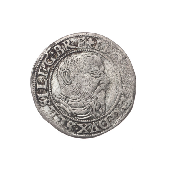 Male bust in armour turned right with a beard and sideburns; rim between pearly borders with