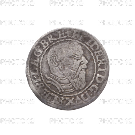 Obverse: Male bust in armour turned right with a beard and sideburns; in the rim between the pearly