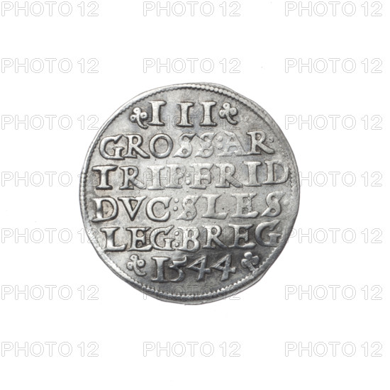 Trojak by Michael Stoltz (fl. ca. 1540–1555), 1544. Obverse: male bust in armour turned right with