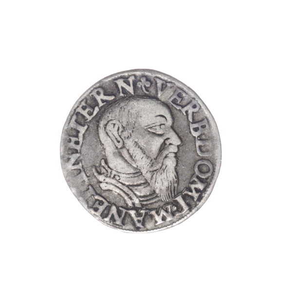 Male bust in armour turned right, with a beard and sideburns; beaded rim with an inscription