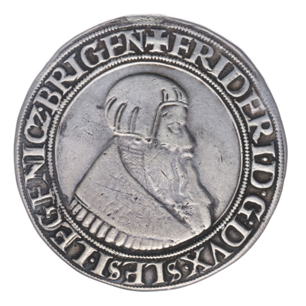 Thaler by Michael Stoltz (fl. ca. 1540–1555), 1542. Obverse: male bust of Frederick II, Duke of