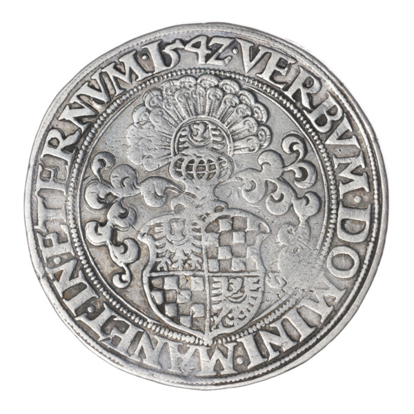 Thaler by Michael Stoltz (fl. ca. 1540–1555), 1542. Obverse: male bust turned right with beard and