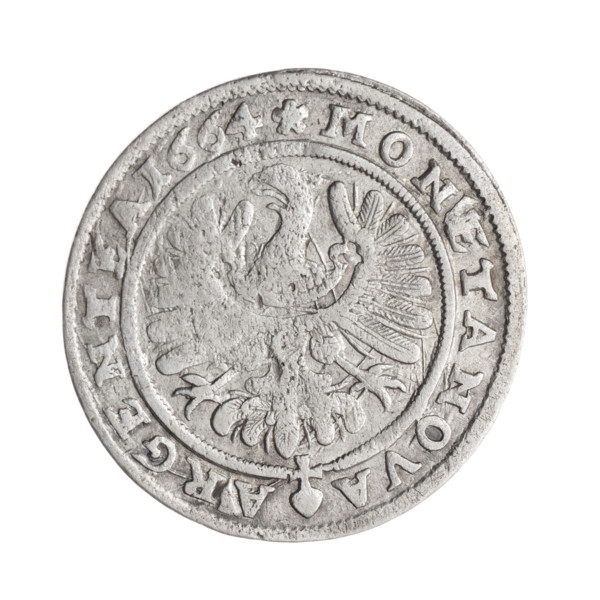 15 kreuzer; Pfahler, Christian (fl. 1651–1665). Obverse: male bust turned to the right, long hair,