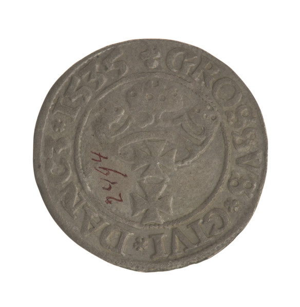 Gdansk grosz, Sigismund I the Old (King of Poland; 1506–1548). Obverse: Crowned male bust in