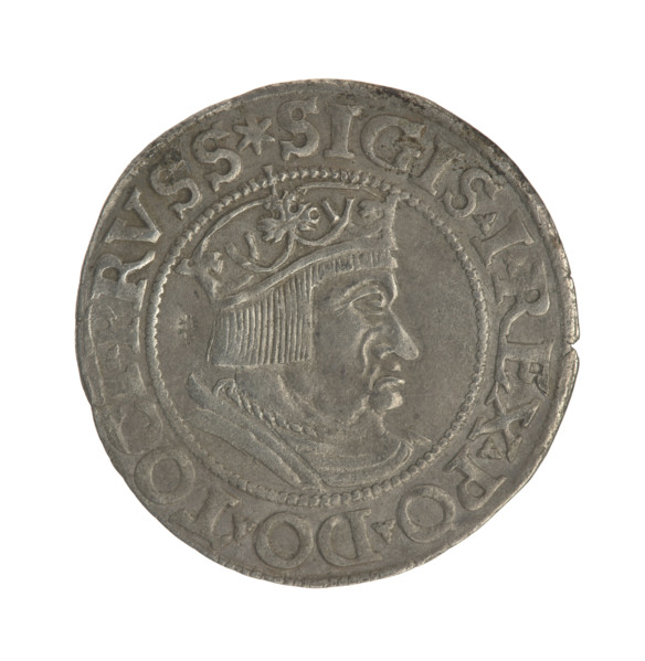Gdansk grosz, Sigismund I the Old (King of Poland; 1506–1548). Obverse: Crowned male bust in