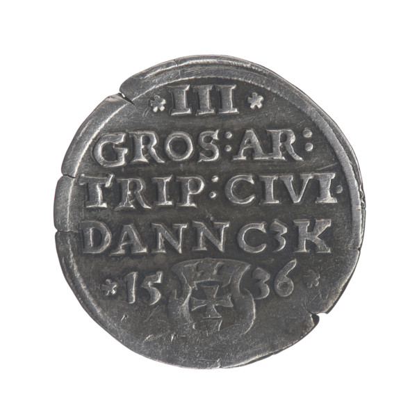 Gdansk troika, Sigismund I the Old (King of Poland; 1506–1548). Polish coin (trojak) dated 1536.