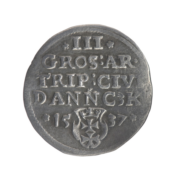 Gdansk trojak, Sigismund I the Old (King of Poland; 1506–1548). Obverse: Crowned male bust in