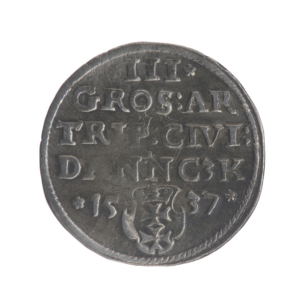 Gdansk trojak, Sigismund I the Old (King of Poland; 1506–1548). Obverse: Crowned male bust in