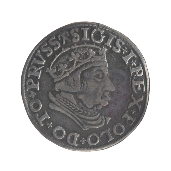 Gdansk trojak, Sigismund I the Old (King of Poland; 1506–1548). Obverse: Crowned male bust in